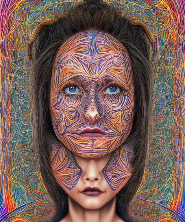 Image similar to An epic photo illustration of female symmetrical portrait by Michael Sydney Moore, Alex Grey, hyper detailed, 50mm, award winning photography