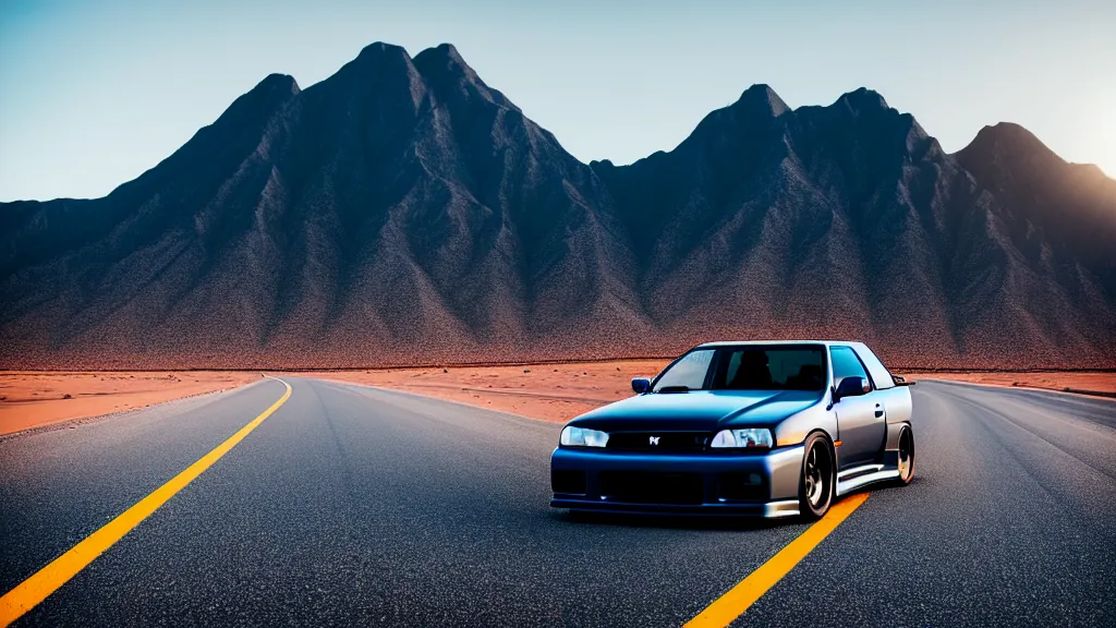 Prompt: three quarter front photo of a stock dark grey nissan r 3 2 skyline gtr on a road in a desert with a mountain in the background in the early morning, car photography, depth of field, zoom lens, blue hour, photorealistic