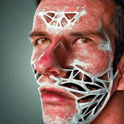 Image similar to a man peeling off his face like a mask, hyper realistic, 4k, high definition, symmetry, groovy,