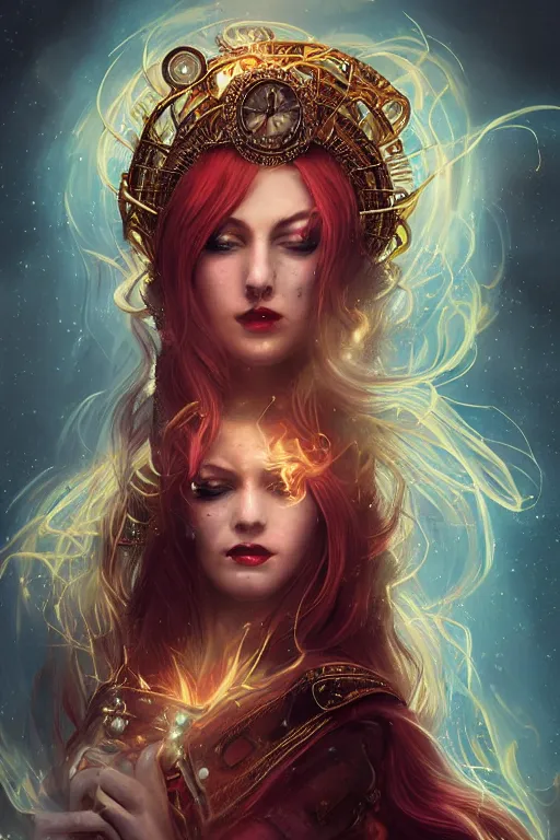 Image similar to a beautiful portrait of a young woman, steampunk Chandra sorceress of fire, big googles over her head, long flowing hair glowing with fire, steampunk costume mostly red and gold young female face, cinematic top lighting, insanely detailed and intricate, face by wlop, Charlie Bowater, golden ratio, symmetric, elegant, ornate, luxury, elite, matte painting, cinematic, trending on artstation, deviantart and cgsociety, 8k, high resolution