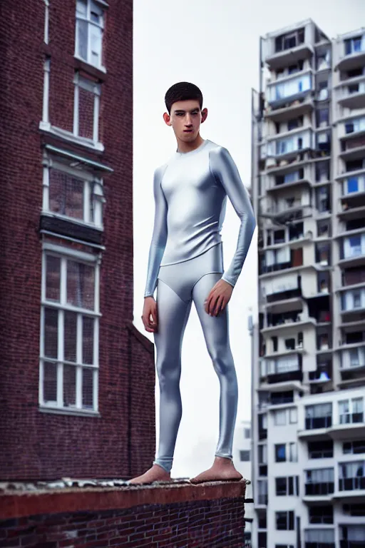 Image similar to un ultra high definition studio quality photographic art portrait of a young man standing on the rooftop of a british apartment building wearing soft padded silver pearlescent clothing. three point light. extremely detailed. golden ratio, ray tracing, volumetric light, shallow depth of field. set dressed.