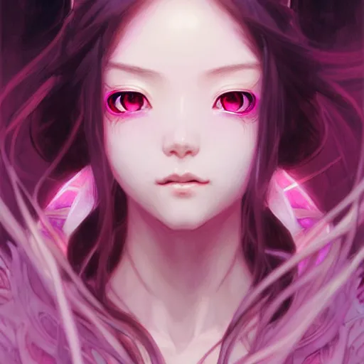 Prompt: Portrait of japanese anime wizard girl, D&D, pink eyes, face, fantasy, intricate, elegant, in pink forest, highly detailed, digital painting, artstation, concept art, smooth, sharp focus, illustration, art by artgerm and greg rutkowski and alphonse mucha