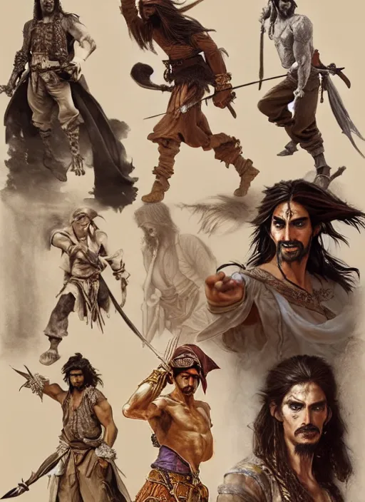 Image similar to detailed pencil spot illustrations of various character concepts from the prince of persia game and pirates of the caribbean movie, various poses, by burne hogarth, by bridgeman, by anthony ryder, by yoshitaka amano, by ruan jia, by conrad roset, by mucha, artstation, artstation.