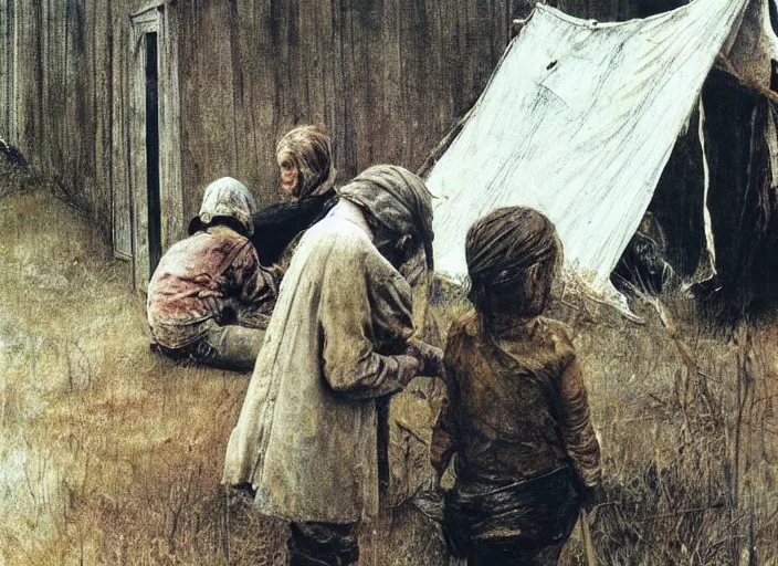 Prompt: poor child talking to an skinny teenager in a dirty makeshift hospital, painting by andrew wyeth and alan lee, very detailed, somber mood,