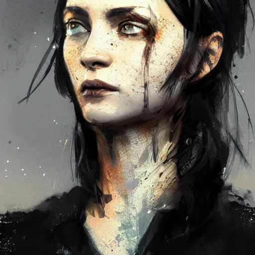 Image similar to Portrait of a woman by Greg Rutkowski, she is about 30 years old, pretty, messy black bob hair, pale round face, tired eyes, she is wearing a black utilitarian jumper jumpsuit, highly detailed portrait, digital painting, artstation, concept art, smooth, sharp foccus ilustration, Artstation HQ.