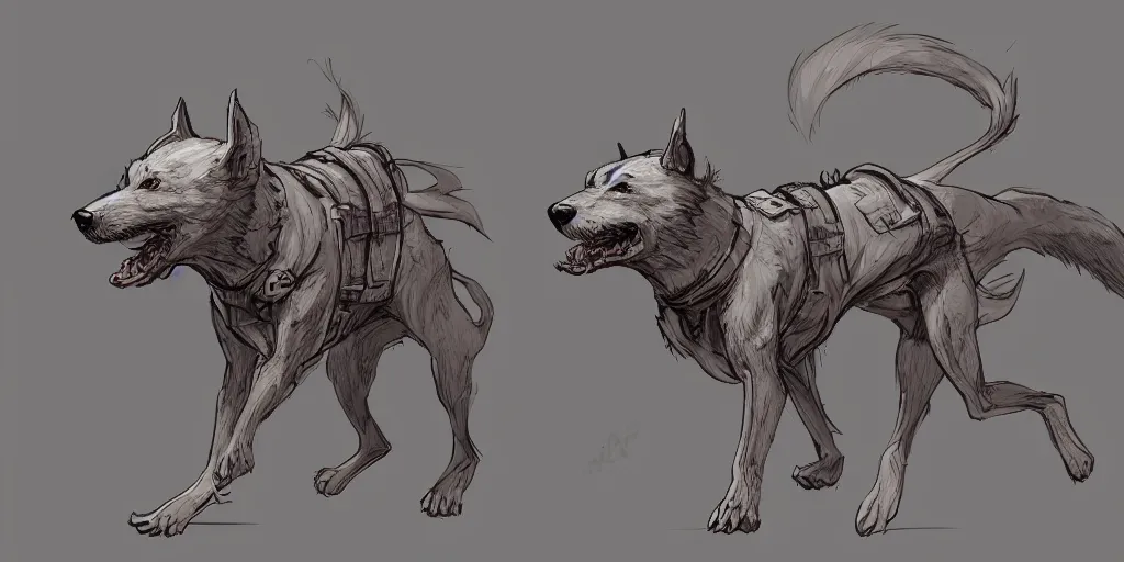 Prompt: cartoonish dog running, character sheet, fine details, concept design, contrast, kim jung gi, greg rutkowski, trending on artstation, 8 k, full body, turnaround, front view, back view, ultra wide angle