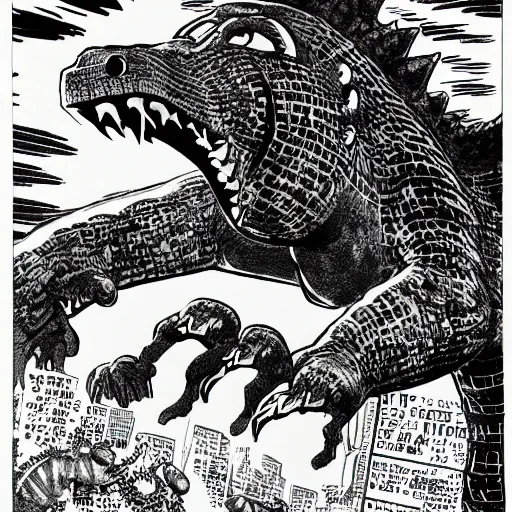 Prompt: full page comic of godzilla by jack kirby, kirby dots, 4 k, detailed, intricate
