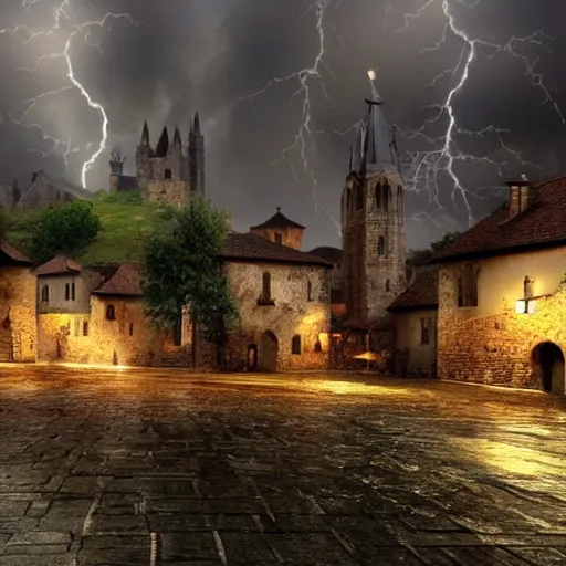 Prompt: raining and thundering in a medieval town, 4k, realistic, tranquil, calming,