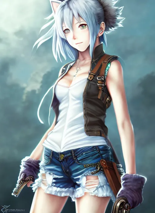 Image similar to a portrait of catgirl wearing white vest, and denim shorts an anime digital art ultrafine detailed painting, detailed painting, detailed eyes!!, final fantasy octopath traveler overlord