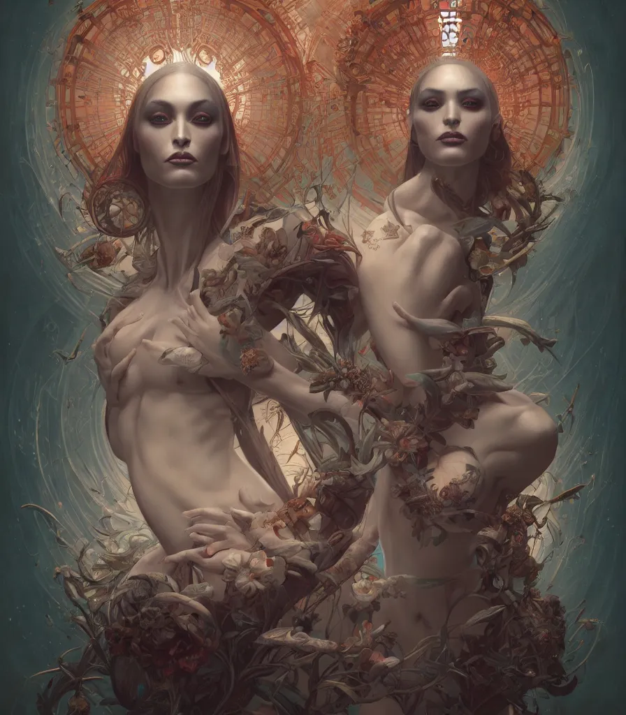 Prompt: symmetry!! the portrait of the absurdly beautiful woman, octane render, symmetrical face, full body!! maximalist details, octane render, trending in cgsociety, a beautiful painting by gerald brom, peter mohrbacher, sophie anderson