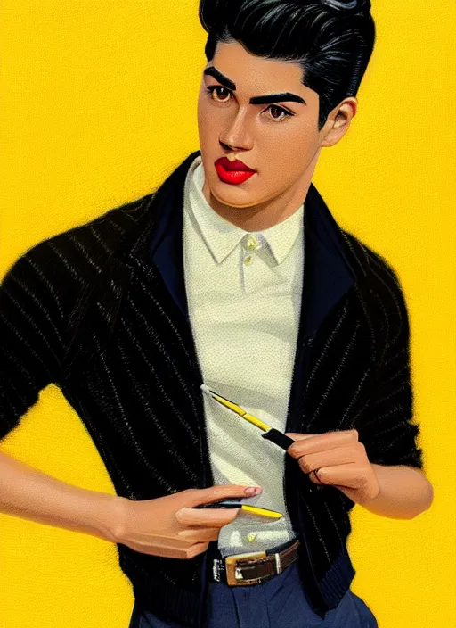 Image similar to portrait of young reggie mantle, mean smirk, egotistical, slicked back hair, striped yellow and black sweater, 1 9 5 0 s, intricate, elegant, glowing lights, highly detailed, digital painting, artstation, concept art, smooth, sharp focus, illustration, art by wlop, mars ravelo and greg rutkowski