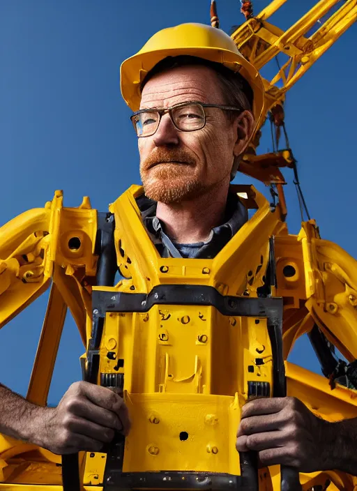 Prompt: closeup portrait of mecha bryan cranston construction crane frame, yellow hardhat, natural light, bloom, detailed face, magazine, press, photo, steve mccurry, david lazar, canon, nikon, focus c 8. 5