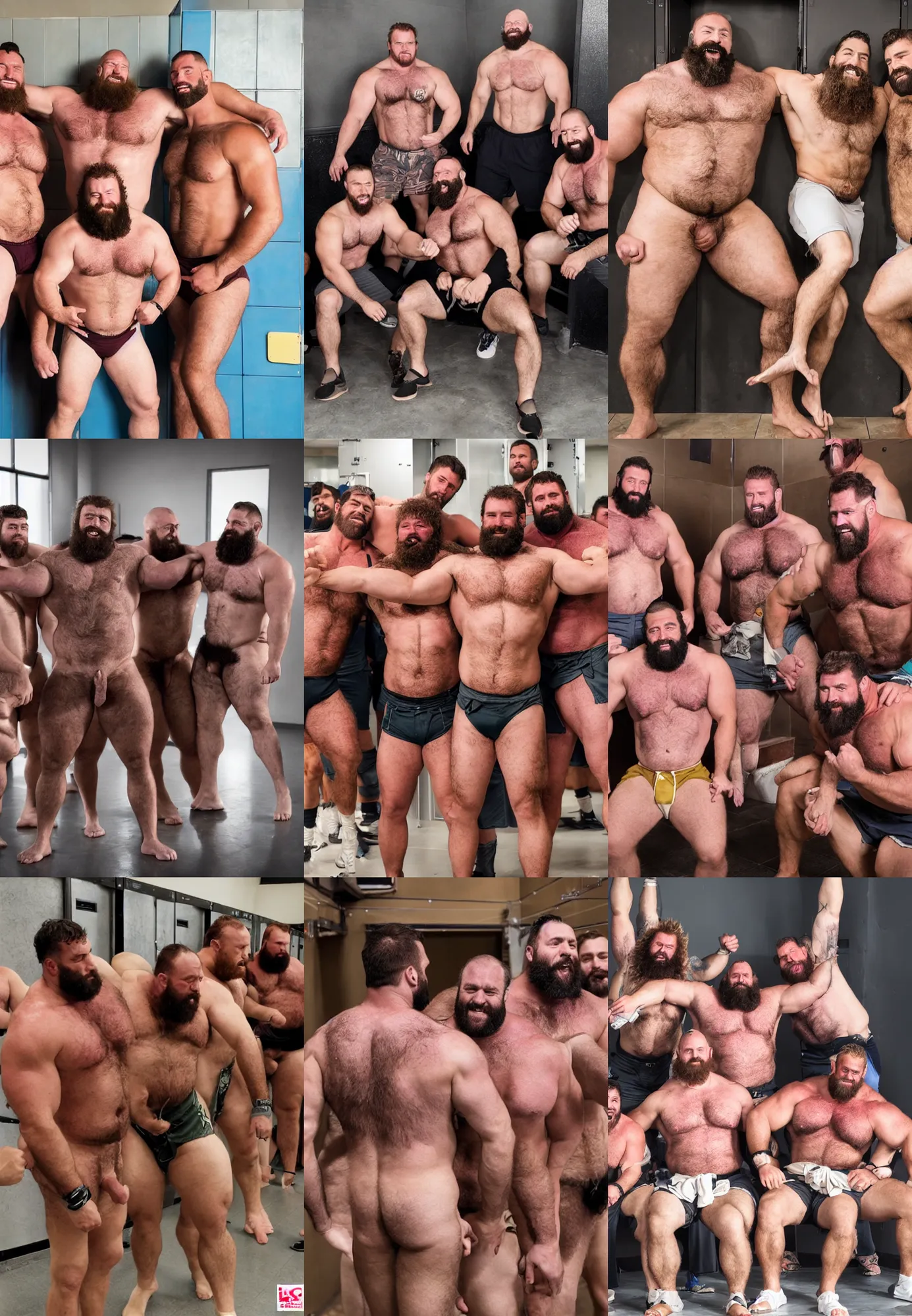 Prompt: group of friendly burly hairy manly strongmen worshipping each other's bodies in a locker room, shirts jockstraps and flip flops, dad energy, epic, size difference, photography, high resolution, very detailed, smooth, clear, clean