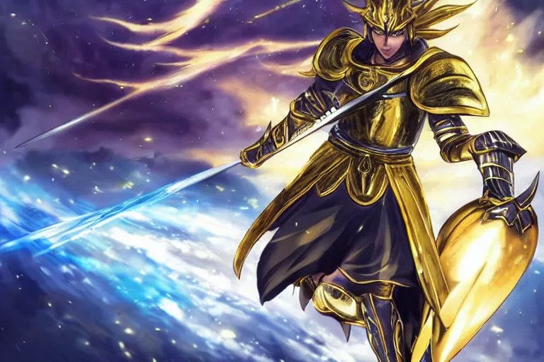 Prompt: an ultra detailed portrait of saladin as a shonen anime protagonist charging into battle wearing bright gold armor and huge flaming longsword blessed by god, epic anime fantasy, 8 k, volumetric lighting, smooth, highly detailed, digital illustration, art by kentaro miura and akira toriyama and artgerm