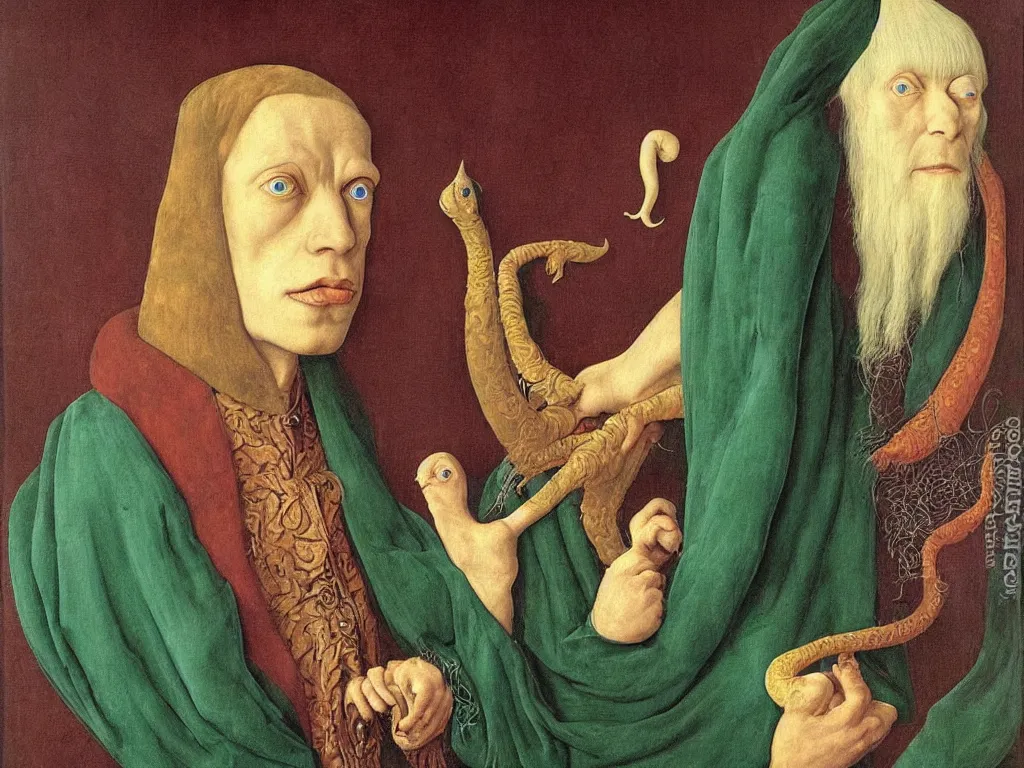 Prompt: Portrait of albino mystic with blue eyes, with beautiful exotic melancholy serpent. Painting by Jan van Eyck, Audubon, Rene Magritte, Agnes Pelton, Max Ernst, Walton Ford