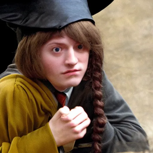 Image similar to student from harry potter wearing the sorting hat terrified