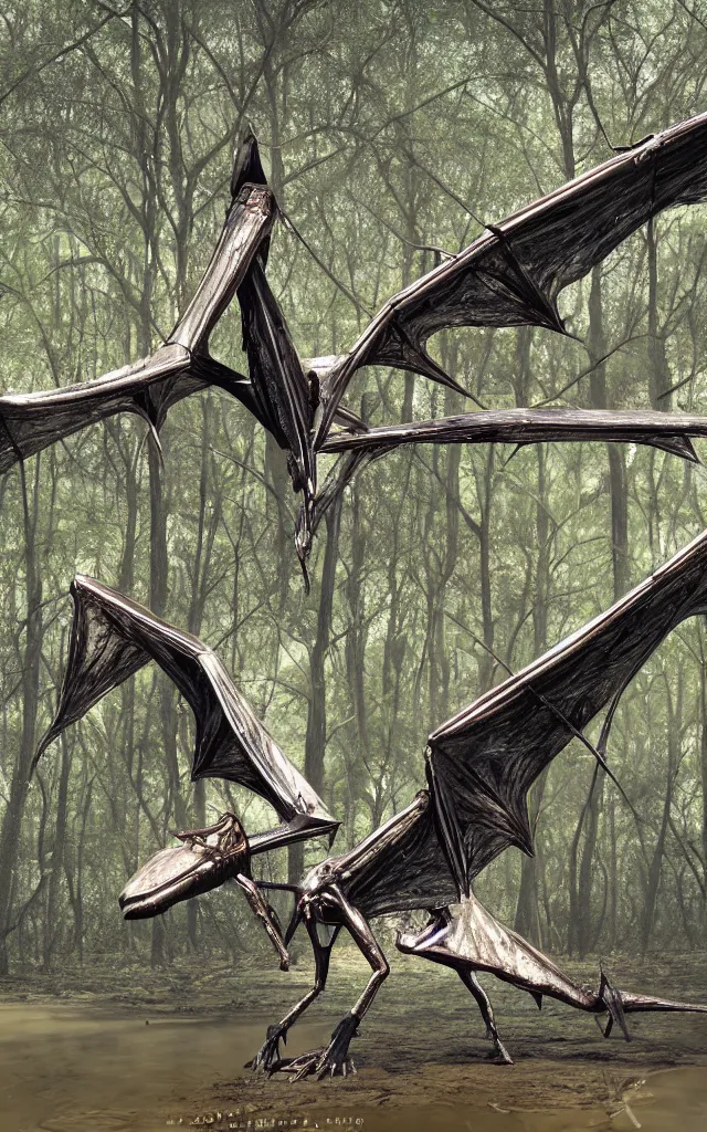 Image similar to metallic iron pterodactyl living in a swamp, photorealistic, photography, trail cam