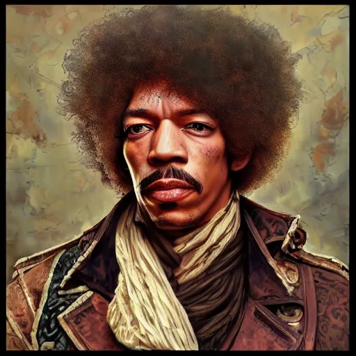 Image similar to steampunk portrait of jimi hendrix, hyper detailed, digital art, trending in artstation, cinematic lighting, studio quality, smooth render, unreal engine 5 rendered, octane rendered, art style by klimt and nixeu and ian sprigger and wlop and krenz cushart.