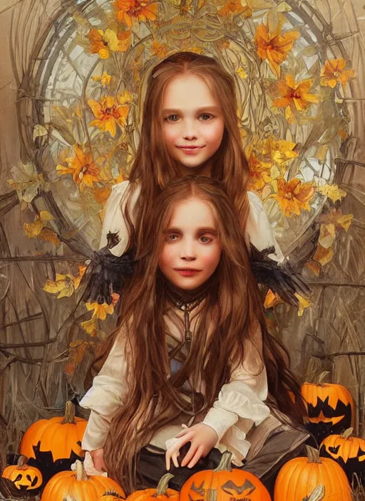 Image similar to a happy little girl with long straight golden blonde hair sitting amidst halloween decor, skulls and pumpkins. beautiful highly detailed face, beautiful painting by artgerm and greg rutkowski and alphonse mucha