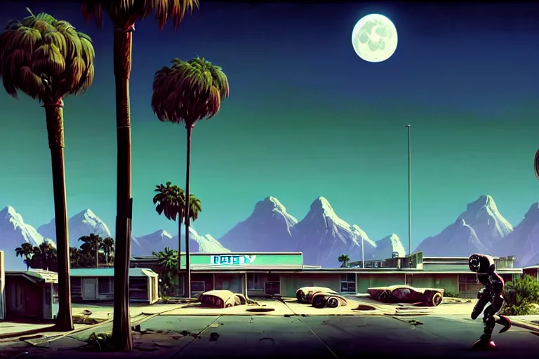 Image similar to broken robot | abandoned motel | palm trees | snowy mountains | moon in sky, painting by syd mead and weta studio and greg rutkowski and james jean and frank frazetta, gta san - andreas game screenshot, highly detailed, rule of third, soft lighting, architectural magazine, insanely intricate details, artstation trending, hypermaximalistic, high details, cinematic