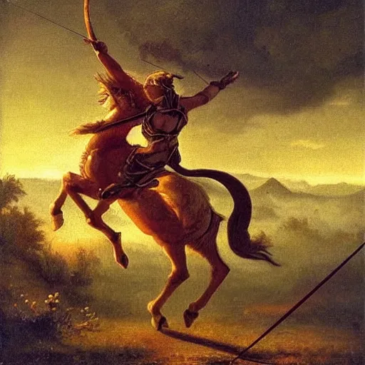 Prompt: A centaur prancing, and shooting an arrow by a bow in a battle at golden hour, epic, fantasy, oil painting