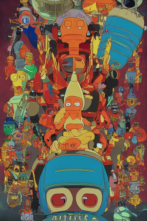 Prompt: Movie poster of Futurama, Highly Detailed, Dramatic, A master piece of storytelling, wide angle, cinematic shot, highly detailed, cinematic lighting, by ilya repin + Hideaki Anno + Katsuhiro Otomo +Rumiko Takahashi, 8k, hd, high resolution print