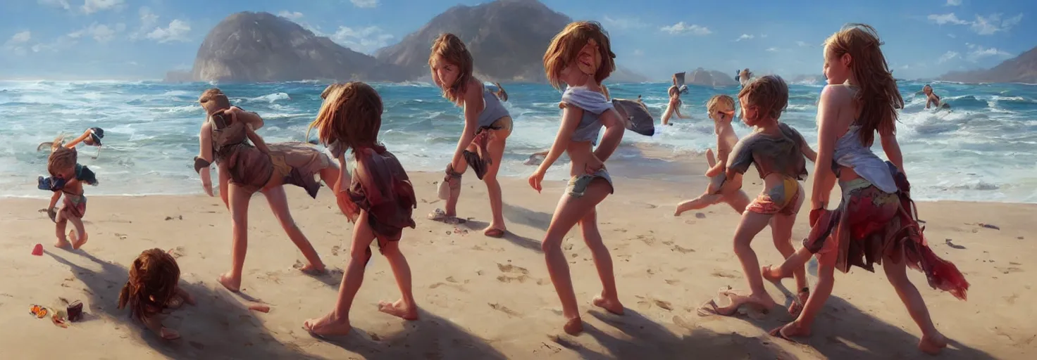 Prompt: beautiful sunny day on a california beach, kids playing, soft warm lighting, highly detailed, digital painting, trending on artstation, sharp focus, illustration, art by artgerm and greg rutkowski and magali villeneuve