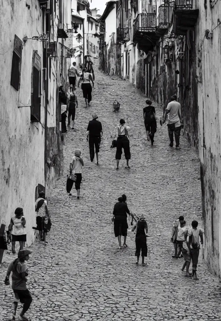 Prompt: ouro preto black and white barroc, photo close view of street with people walking