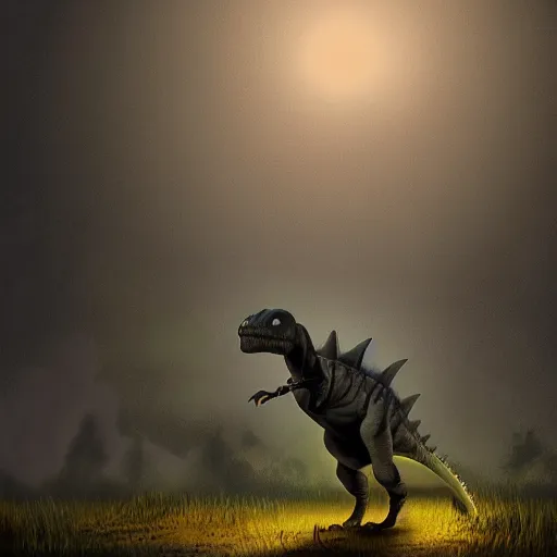 Image similar to Digital art of a somber dinosaur standing in the distance in the style of Dark Naturalism, Jungle Grunge, twilight, glows, detailed,