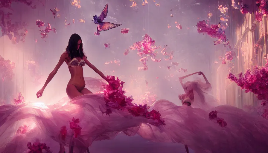 Image similar to victoria secret runway show, light, shadows, reflections, flowers, epic composition, intricate, elegant, volumetric lighting, digital painting, highly detailed, artstation, sharp focus, illustration, concept art, ruan jia, steve mccurry, artgerm and mina petrovic and timothy kong and marina federovna