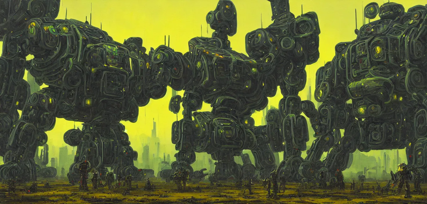 Image similar to an intricate oil painting of a giant armored metal mecha by simon stalenhag, green, yellow and black trim