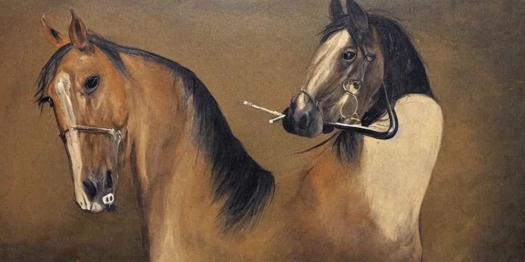 Image similar to a roccoco painting of a horse smoking a pipe