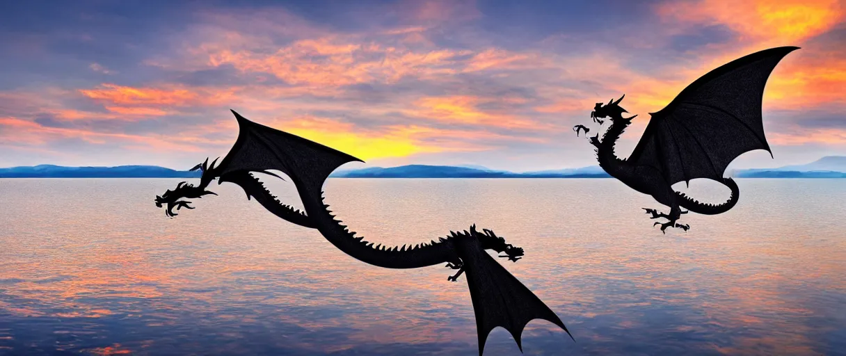 Prompt: dragon flying over a lake, silver scales, sunset, colorfull