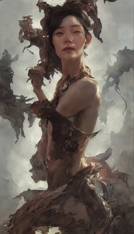 Image similar to epic masterpiece dustin nguyen, sweaty skin, hyperrealistic, octane render, cinematic, beautiful face and flawless skin, perfect hands, 5 fingers, by edgar maxence and ross tran and michael whelan, legends of runeterra