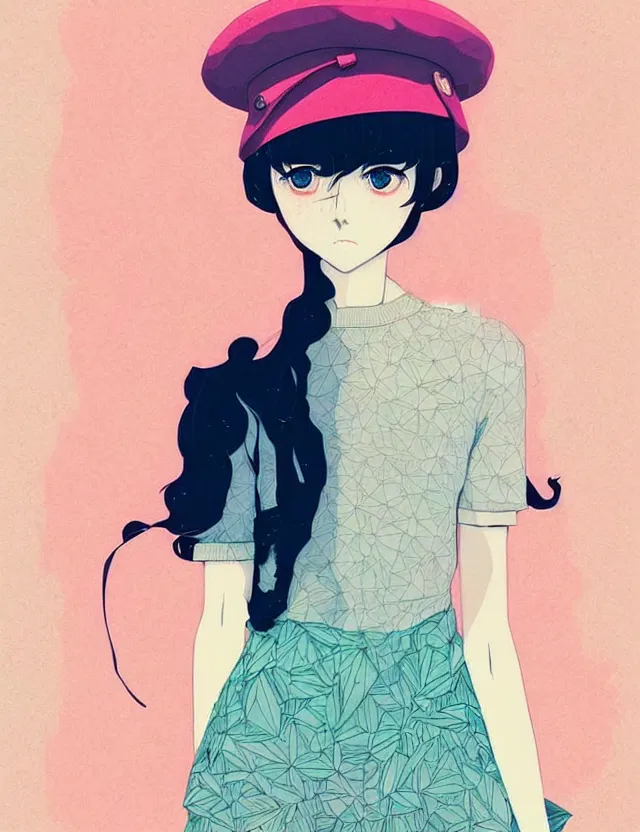 Image similar to singular girl wearing a beret, very anime!!! anime!! intricate details, aesthetically pleasing pastel colors, cool shaded poster background, art by conrad roset and ilya kuvshinov