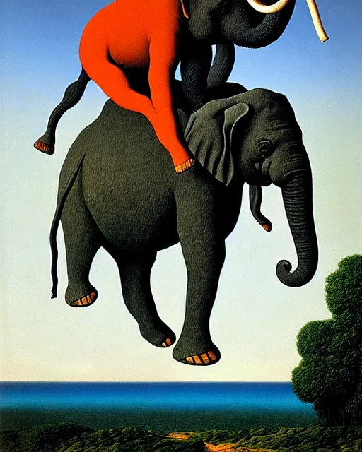 Image similar to portrait of adam ondra riding an elephant by magritte