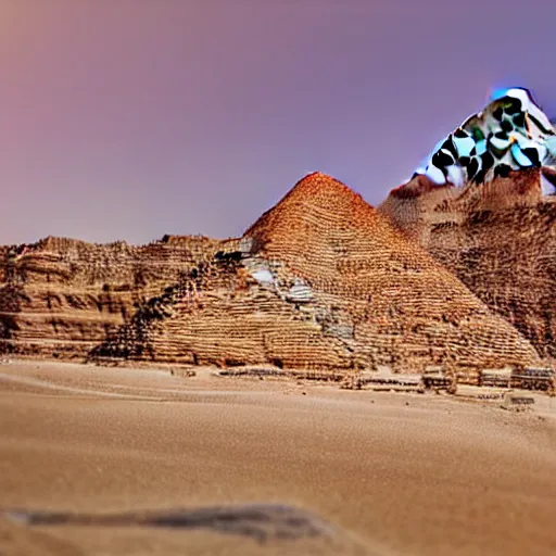 Prompt: high definition, high resolution photograph, miniature effect, tilt shift effect, tilt shift lens : ( subject = egyptian pyramids + subject detail = clear sunny day, high texture detail, high detail )