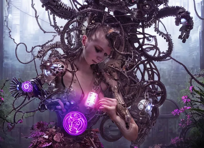 Image similar to intricate mechanical fairy with visible gears having tea with a cyborg gorgon medusa in a magical forest, having tea with a giant minotaur. Very detailed 8k. Fantasy cyberpunk horror. Sharp. Cinematic post-processing