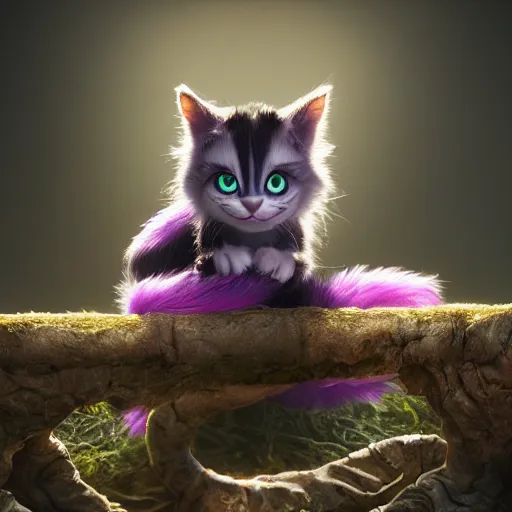 Image similar to full body pose, hyperrealistic photograph of the cheshire cat as a cute kitten, dim volumetric lighting, 8 k, octane beautifully detailed render, extremely hyper detailed, intricate, epic composition, cinematic lighting, masterpiece, trending on artstation, very very detailed, stunning, hdr, smooth, sharp focus, high resolution, award, winning photo, dslr, 5 0 mm