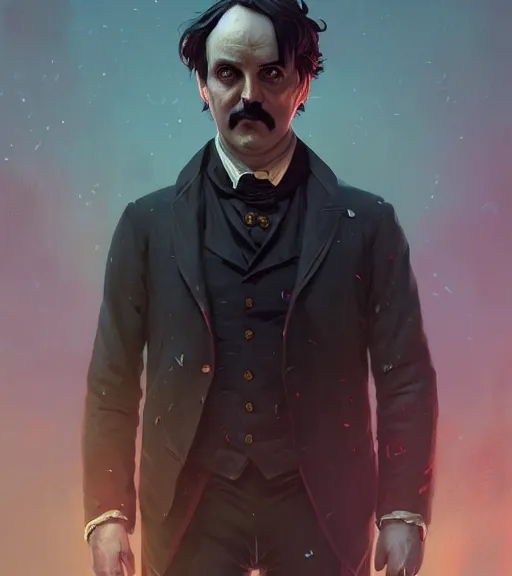 Image similar to highly detailed edgar allan poe portrait in gta v, stephen bliss, unreal engine, fantasy art by greg rutkowski, loish, rhads, ferdinand knab, makoto shinkai and lois van baarle, ilya kuvshinov, rossdraws, tom bagshaw, global illumination, radiant light, detailed and intricate environment