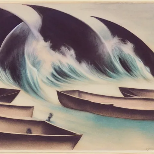 Image similar to by marco mazzoni, by ernst wilhelm nay relaxed, spirited. the performance art of a huge wave about to crash down on three small boats. the boats are filled with people, & they all look terrified.