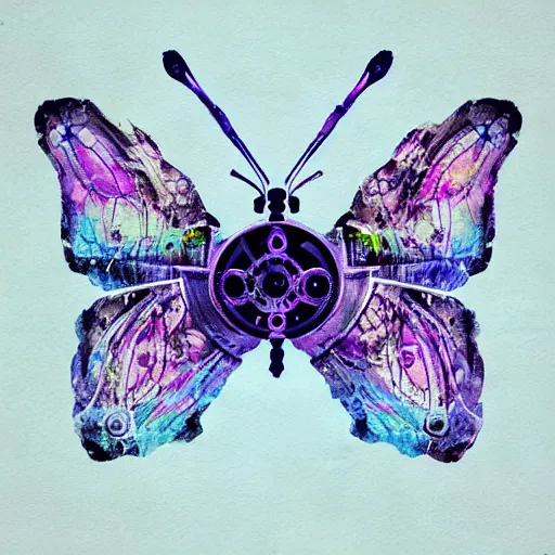 Prompt: butterfly with clockwork patterns on wings, gears and spirals, digital watercolor, artstation, blue and purple