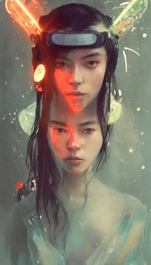 Image similar to altered carbon, madison beer, detailed portrait young gangster lolita, amazing beauty, visor, neon tattoo, styled hair, decorated traditional japanese ornaments by carl spitzweg, ismail inceoglu, vdragan bibin, hans thoma, greg rutkowski, alexandros pyromallis, perfect face, fine details, realistic shaded