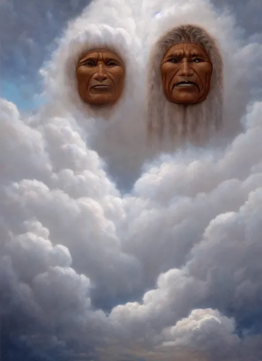 Prompt: faces of old indigenous people made of clouds in the sky, ancestors, protection, benevolence, art by christophe vacher