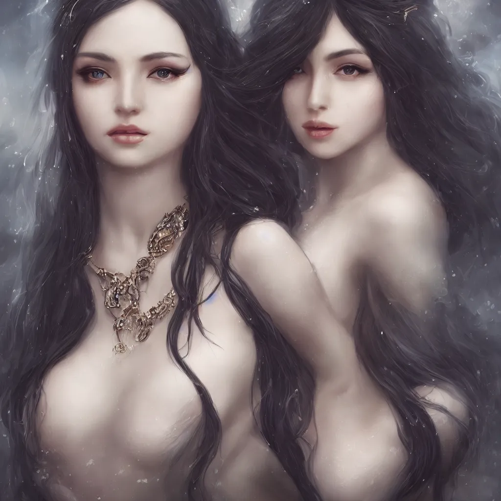 Prompt: Ultra detailed portrait ethereal lustful lady barely dressed with long flowing black hair and smirk, elegant jewelery, 8k, soft focus, Instagram, front page Artstation