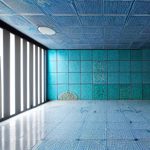 Prompt: liminal space photography, abandoned aqua park, ceramic tiles on the floor and walls, ceiling light, water, high detailed, photorealistic 4k - H 768