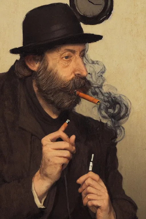 Image similar to portrait of a middle - aged writer with a beard, he is smoking a cigarette, style of greg rutkowski