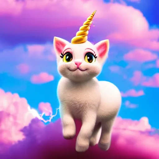 Image similar to very cute and tiny unicorn cat on Dahlia flower flying atop pink clouds, sky background, pixar style, cinematic lightning, award winning creature photography