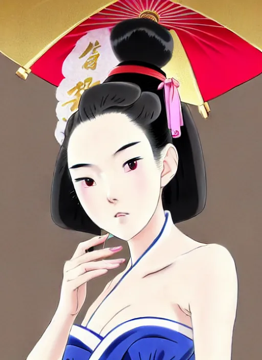 Prompt: glamorous and sexy Geisha schoolgirl, beautiful pale makeup, pearlescent skin, seductive eyes and face, elegant japanese woman, lacivious pose, very detailed face, seductive, sexy push up bras, pale and coloured kimono, ancient japanese temple on the background, photorealism. anime masterpiece by Studio Ghibli. 8k, a portrait by artgerm, rossdraws, Norman Rockwell, magali villeneuve, Gil Elvgren, Alberto Vargas, Earl Moran, Enoch Bolles