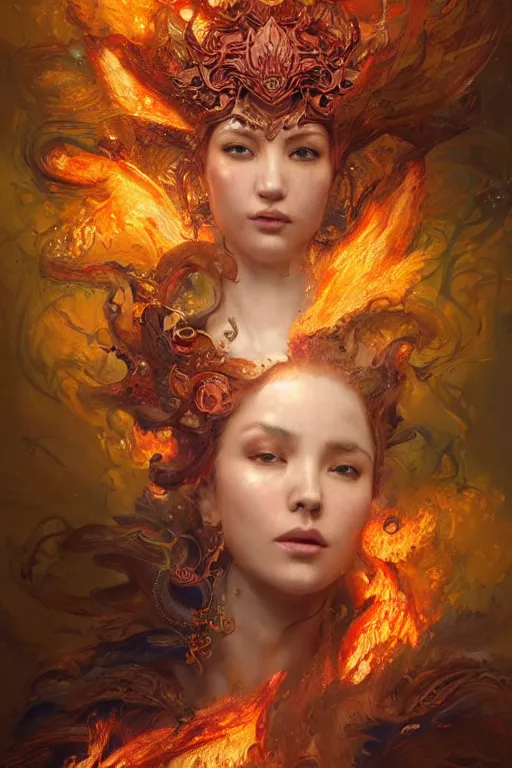 Prompt: a portrait of godess of fire surounded by firebirds in intricate detailed color smashing fluid oilpaint, 3 d render, hyper realistic detailed portrait, color leaves, ruan jia, wlop. scifi, fantasy, hyper detailed, octane render, concept art, intense colors by peter mohrbacher, by wlop, by ruan jia, by alphonse mucha
